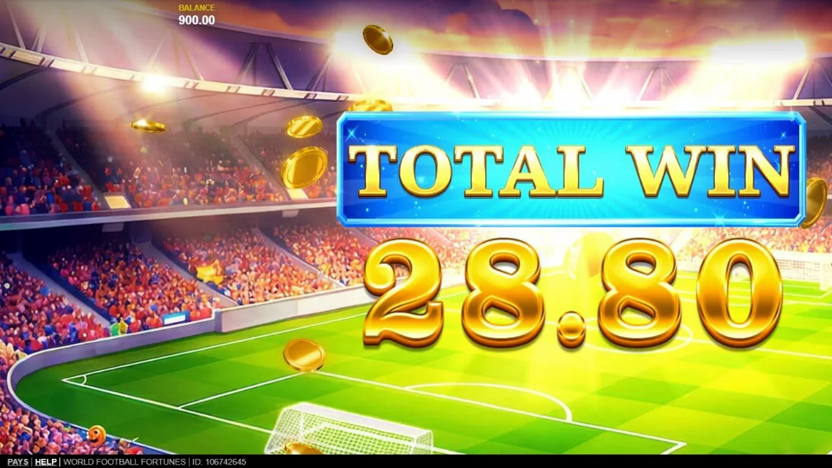 Tampilan visual slot World Football Fortunes dengan latar belakang stadion sepak bola yang megah.
