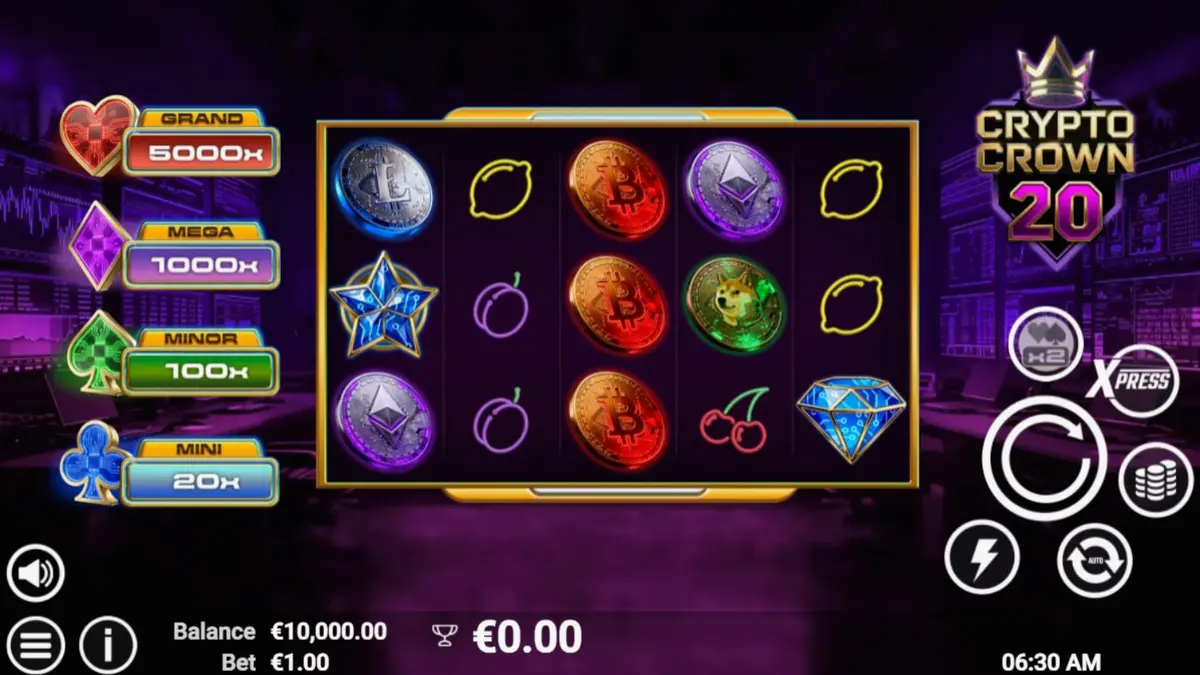 Tampilan layar permainan slot Crypto Crown 20 dengan tema neon dan simbol kripto